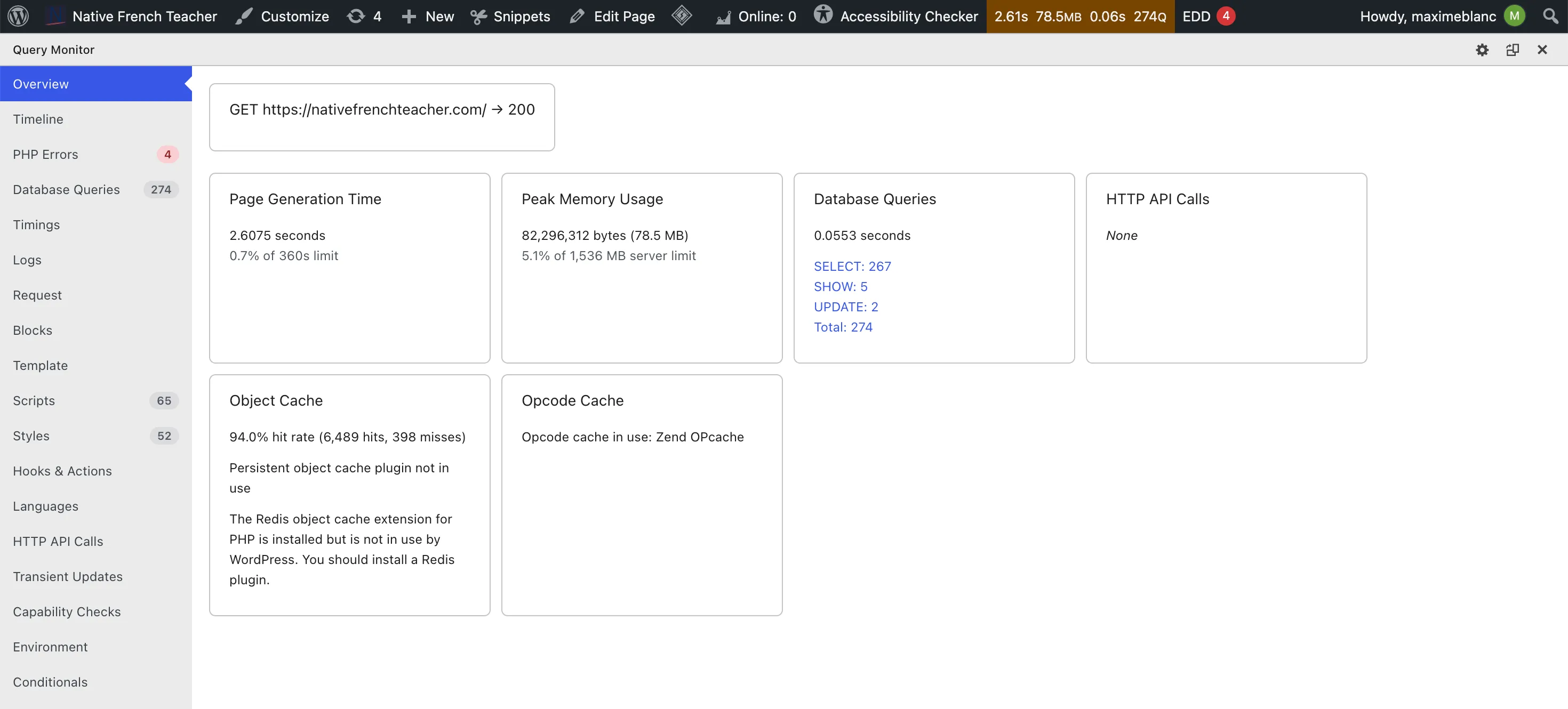 Query Monitor overview with Astra, cold load: 2.61 s, 78.5 MB, 274 queries