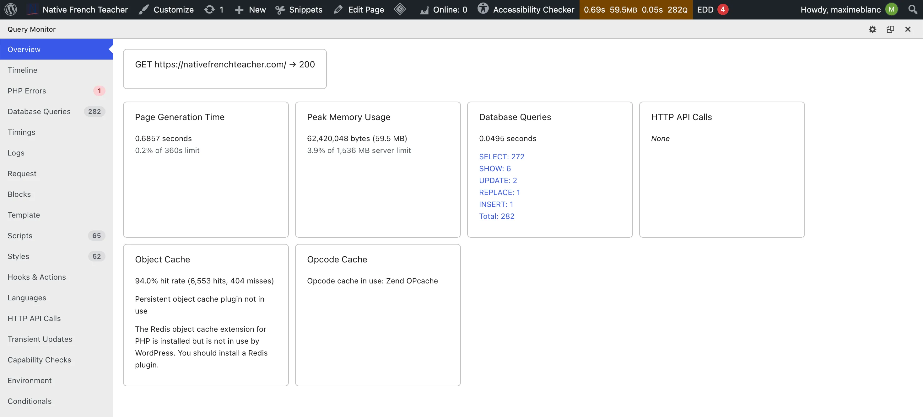 Query Monitor overview with Astra, warm load: 0.69 s, 59.5 MB, 282 queries