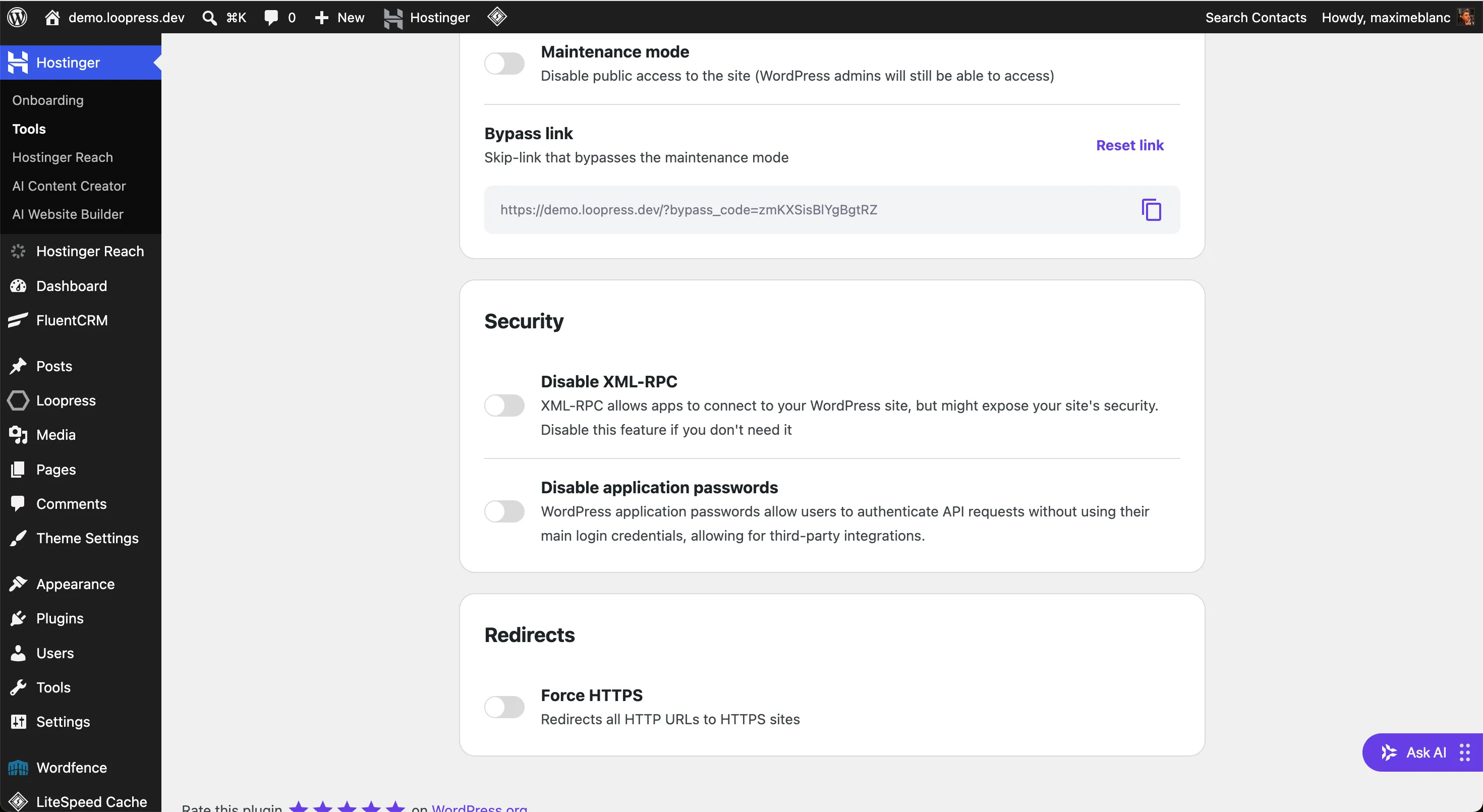 Hostinger security panel showing the 'Disable application passwords' toggle in the off position