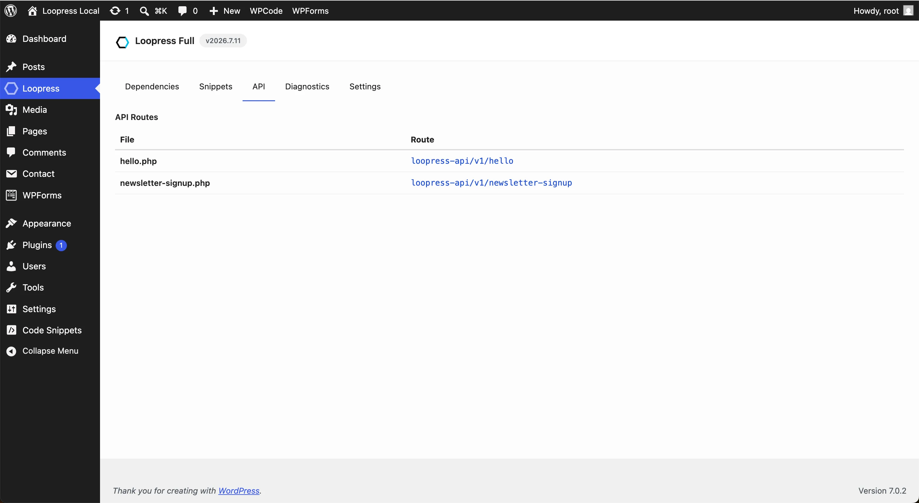 The API tab in the Loopress admin page, listing uploaded route files and the endpoint each one publishes