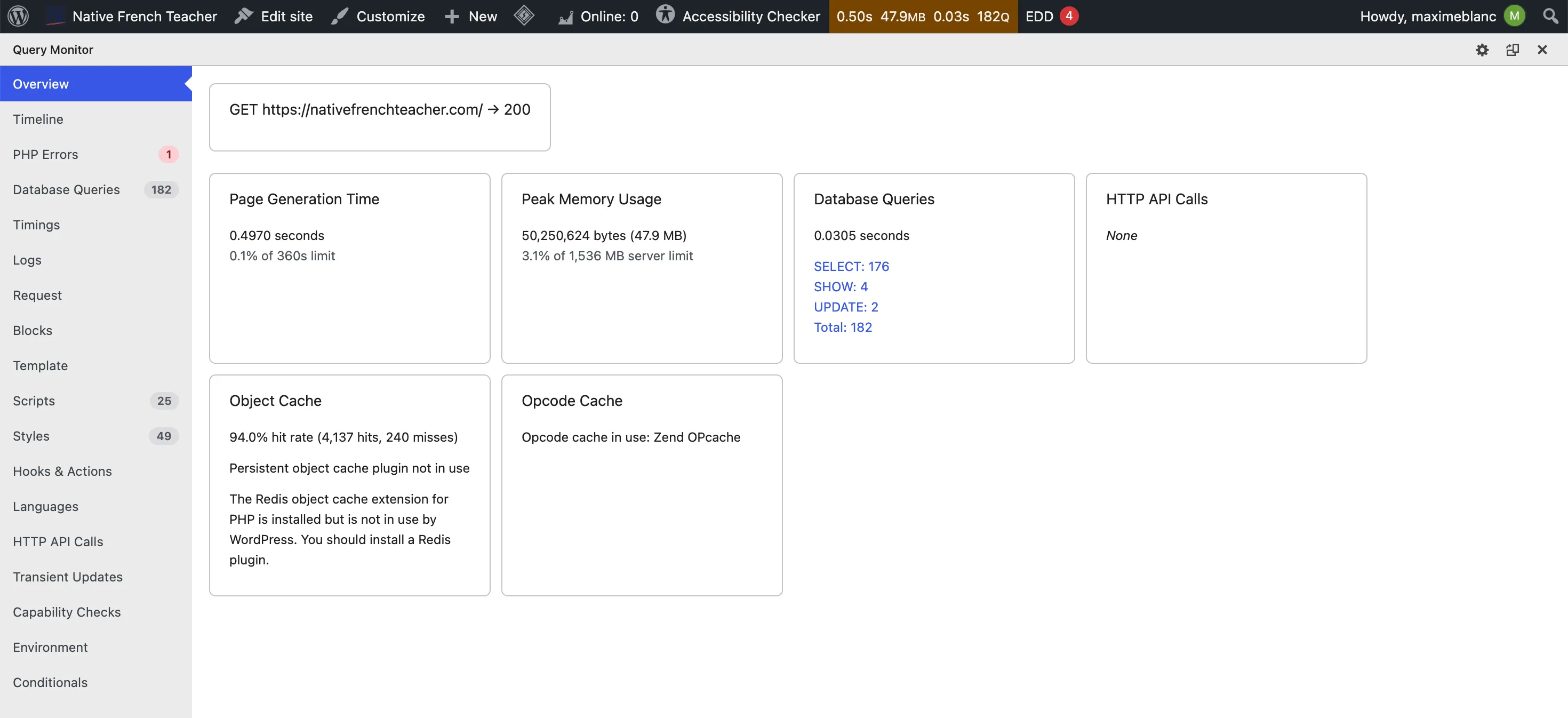 Query Monitor overview with Twenty Twenty-Five, warm load: 0.50 s, 47.9 MB, 182 queries