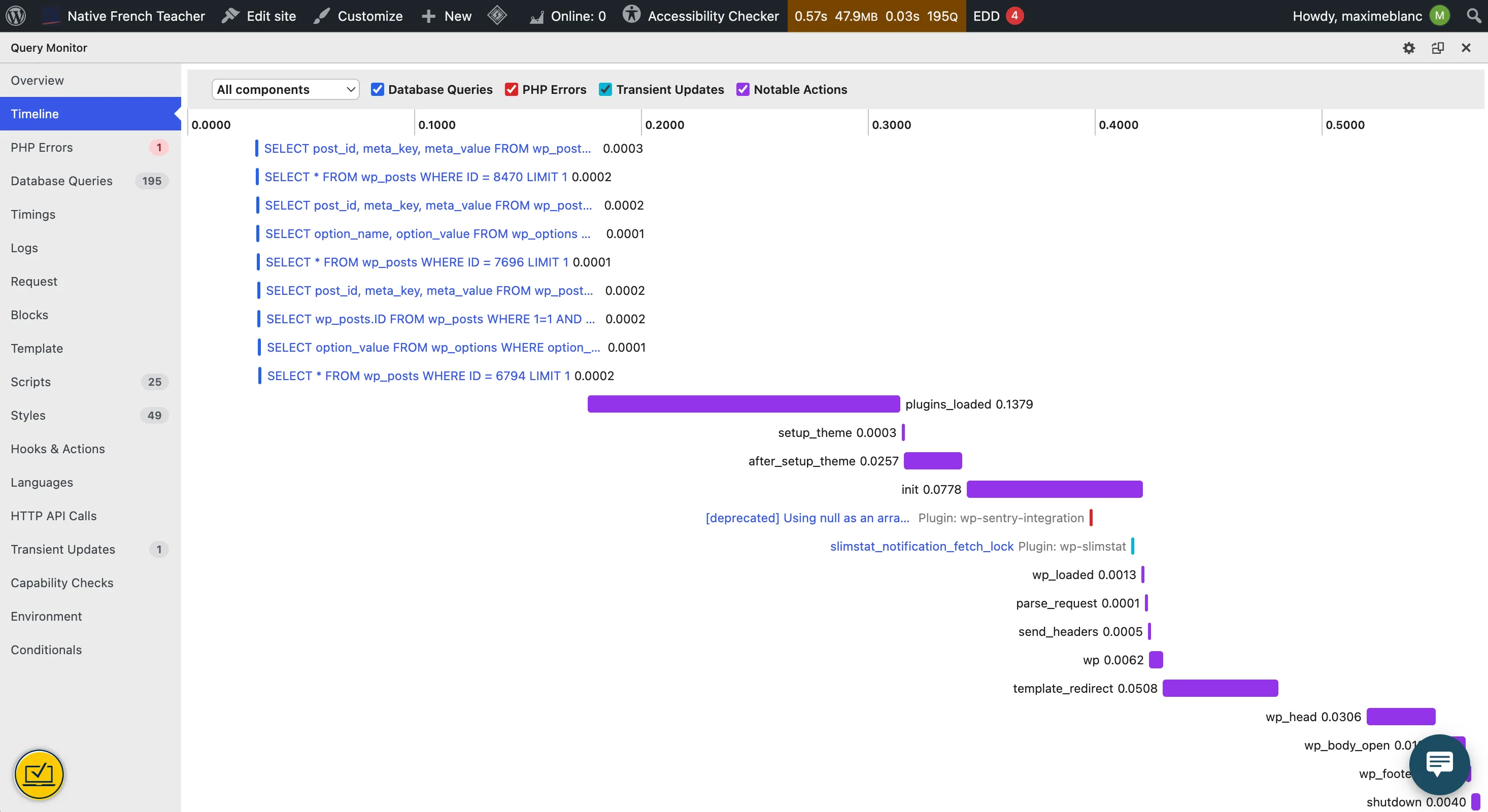 Query Monitor timeline with Twenty Twenty-Five