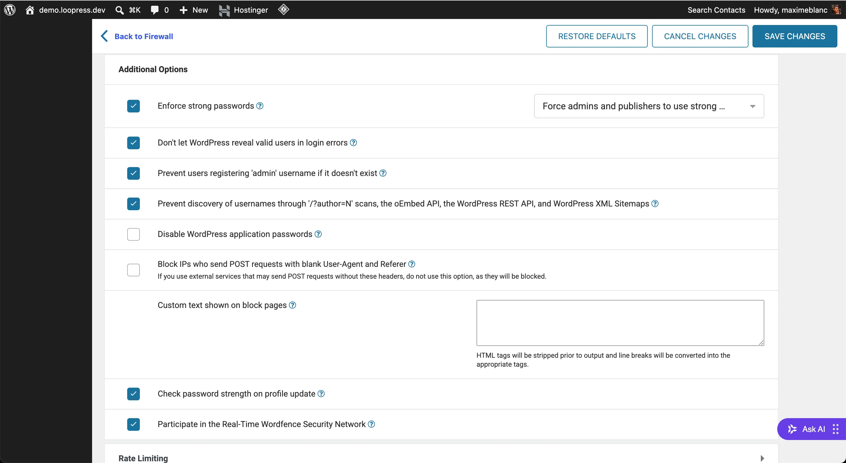 Wordfence Firewall additional options showing the 'Disable WordPress application passwords' checkbox unchecked