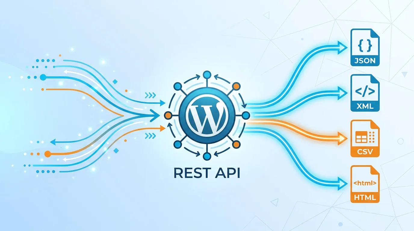 Requests flowing into the WordPress REST API and coming out as JSON, XML, CSV and HTML files.